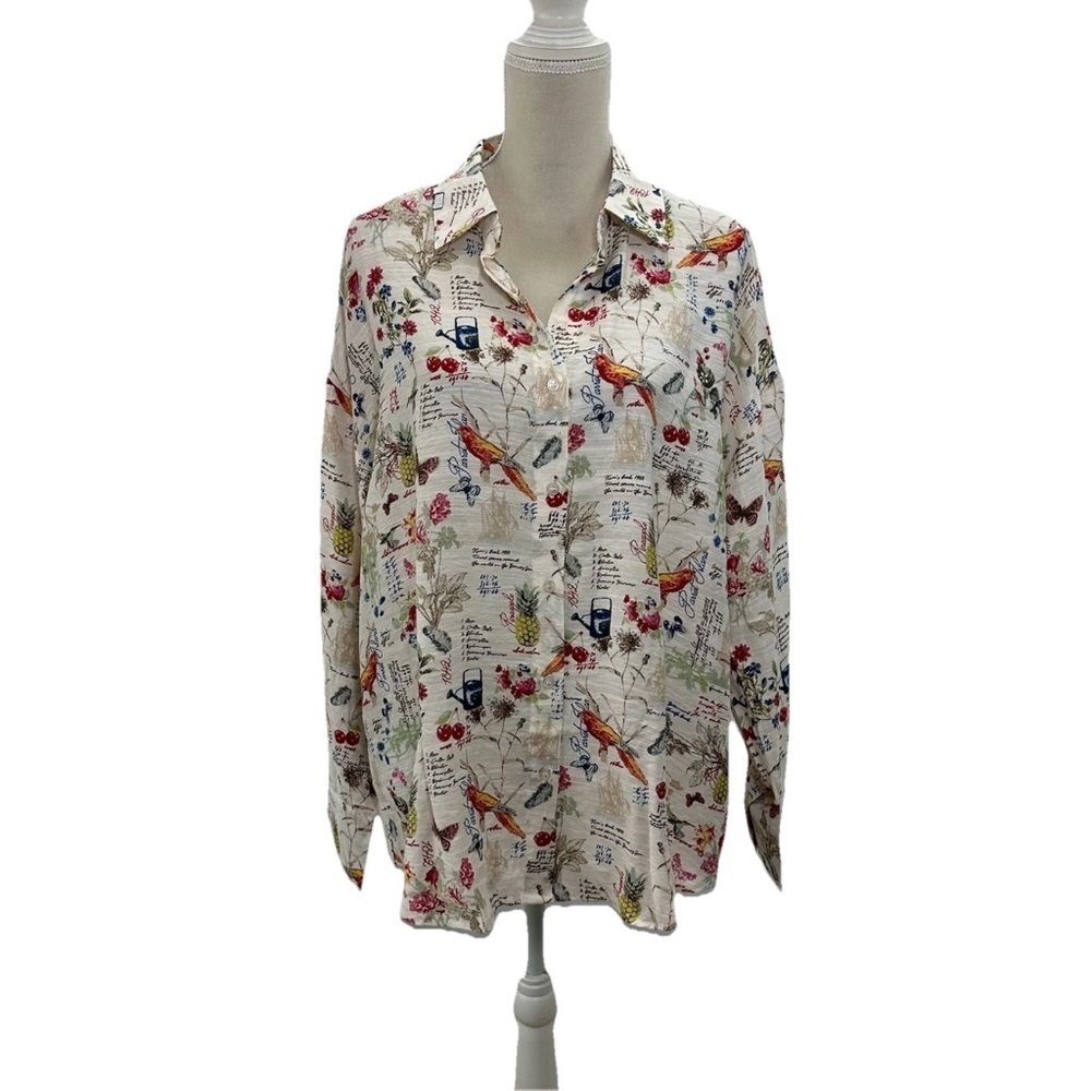 NWT C by One Oversized Button Top Womens Large Long Sleeve Colorful Print